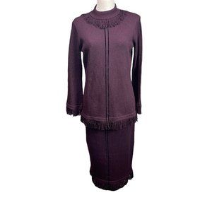 Barbara Suzanne Plum Knit Sweater & Skirt Set with Fringe Detail Medium